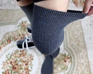 Dark gray over-the-knee knit socks, vertical stripes, high elasticity for women daily wear.