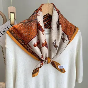Classic equestrian print square scarf, double-sided contrasting color women's stylish neckerchief.