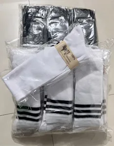 Detailed view of packaged Japanese style striped knee high cotton socks in black and white.