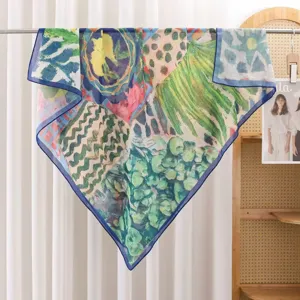 French retro abstract print gauze square scarf women fashion sun protection shawl drape.