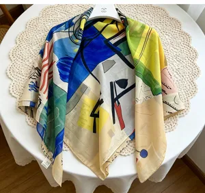 Women large square scarf artistic geometric silk cotton retro thin shawl spring summer