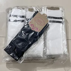 Over-the-knee JK student socks with double stripes, knitted long stockings for women detail view.