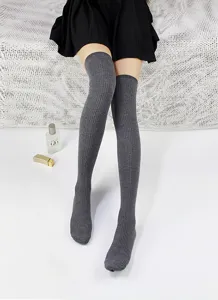 Grey ribbed knit over-the-knee socks detail shot, soft high tube long socks for women.