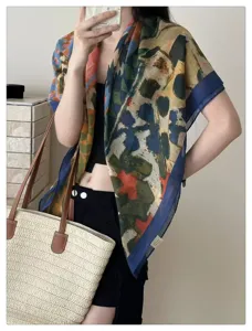 French retro abstract print large square silk scarf shawl detail, elegant sun protection accessory.