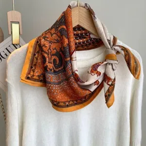 Vintage horse print small square scarf silk feel elegant neckerchief for women spring autumn