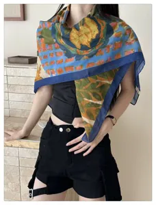 French vintage printed large square scarf, 110cm silk-like sunscreen shawl and neck scarf for women.