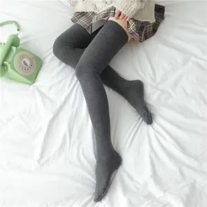 Detail view of dark gray over-the-knee thigh-high socks, soft knit texture for autumn.