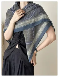 French vintage paisley large square scarf, lightweight sun protection silk shawl detail view.