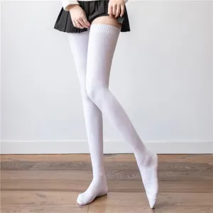 White over-the-knee long socks detail shot, soft knitted fabric, thigh high winter legwear