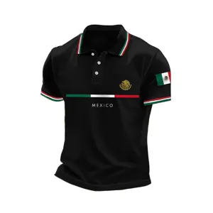 Men's Black Short Sleeve Golf Polo Shirt with Mexico Flag and 3D Print Casual Top
