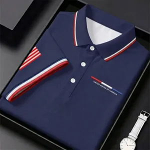 Polo homme manches courtes bleu marine business décontracté rayé revers t-shirt