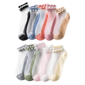 Calcetines de cristal transparentes para mujer perlas volantes puños transpirables delgados.