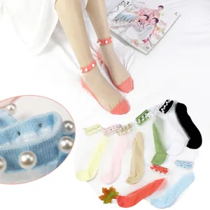 Women Summer Transparent Glass Silk Crystal Short Socks Cute Pearl Lace Trim Casual Breathable Ankle Socks One Size