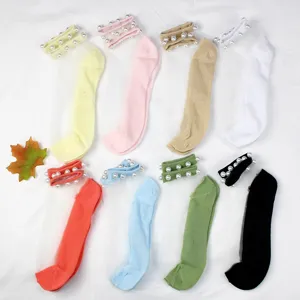 Calcetines de cristal transparente de verano para mujer con perlas, estilo corto japonés.