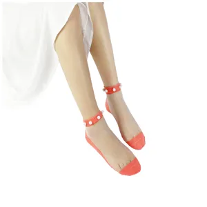 Calcetines transparentes de cristal para mujer con perlas verano finos cortos moda