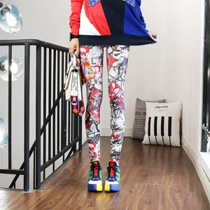 Women fall winter colorful graffiti print leggings stretch yoga pencil pants slim fit casual daily wear