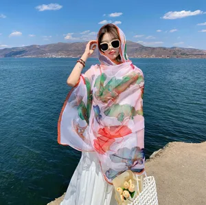 Chic floral print summer beach chiffon shawl, lightweight sun protection scarf for women.