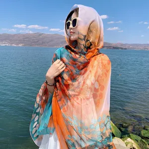 Summer thin beach sun protection large scarf shawl, elegant leaf print design for women.