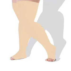Plus size compression thigh high stockings, open toe elastic nylon hosiery, new.