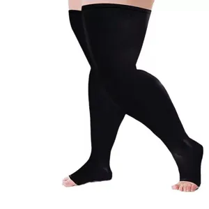 Plus size compression thigh high socks for women black open toe nylon stretch hosiery