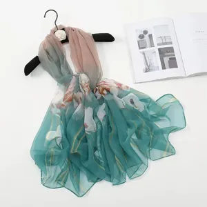 Gradient floral silk scarf women summer beach shawl lightweight sun protection scarf elegant