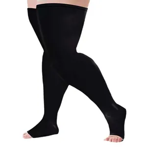 Plus size black compression thigh high open toe socks detail view for leg support