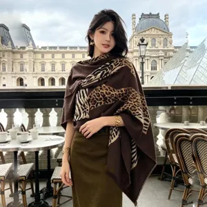 American vintage leopard print women shawl scarf, old money style luxury fashion winter wrap.
