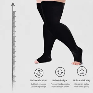 Plus size compression thigh high socks sports running recovery graduated pressure black