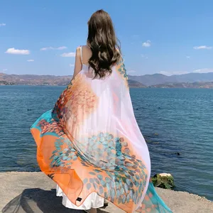 Women Large Beach Sunscreen Scarf Polyester Printed Shawl Summer Thin Fashion Long Scarves Seaside Vacation Headwear