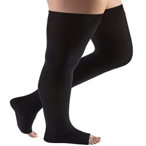 Plus size compression thigh high stockings for women, black open toe support hosiery.