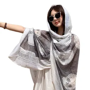 2026 New Women Beach Sunscreen Large Scarf Shawl Summer Thin Floral Pattern Grey White
