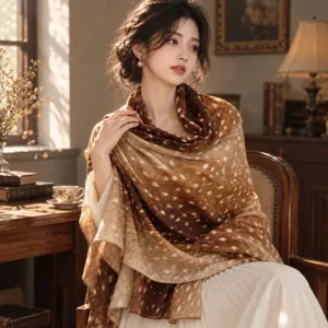 Vintage leopard print shawl for women, elegant old money style lightweight silk scarf.