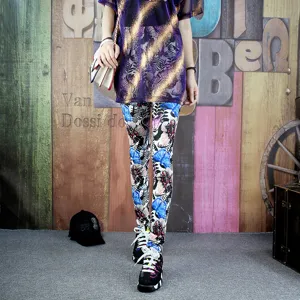 Women's floral print leggings elastic skinny yoga nine-point trousers casual chic