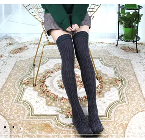 Dark grey cable knit over-the-knee socks with green stripes, stylish JK high tube socks.