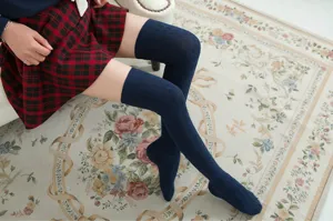 Women cable knit over-the-knee long socks dark blue winter warm thigh high stockings