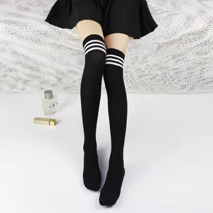 Detailed shot of black over-the-knee socks featuring three white stripes for a stylish look.