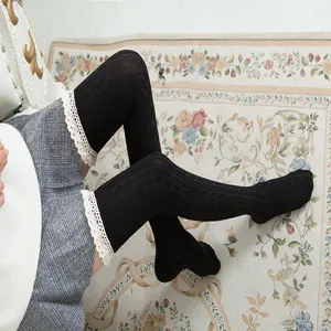 Women black over-the-knee long socks with white lace trim cable knit cute student hosiery