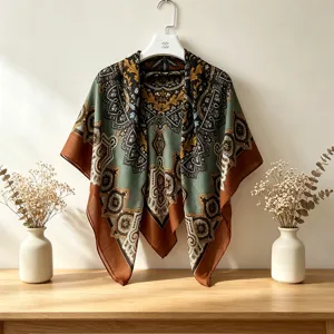Elegant vintage paisley silk square scarf detail, soft fabric, retro green brown aesthetic.