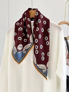 Wine red floral square scarf for women, vintage lightweight neckerchief for spring autumn.