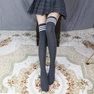 Grey over-the-knee high socks featuring classic three white stripes design close-up detail.