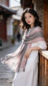 Detail view of a pink and grey striped tie-dye crinkled shawl, draped elegantly.