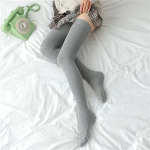 Grey over-the-knee long socks for women, ultra-long thigh high knit hosiery for autumn winter.