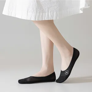 Detailed view of womens summer black ice silk mesh low cut invisible boat short socks