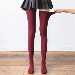 Detail shot showing the stretchable burgundy over-the-knee socks, high elasticity and comfortable fit.