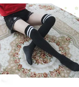 Women knee high socks black ribbed knit stockings with double stripes school style wear