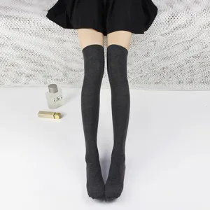 Detailed view of dark grey over-the-knee knit socks, comfortable cotton hosiery for daily wear.