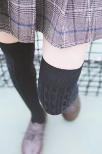 Japanese JK style cable knit over knee long socks for women, classic black thigh high hosiery.