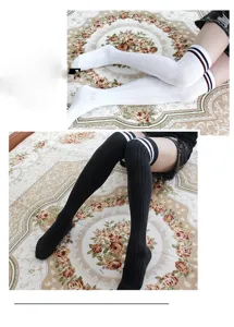 Women over knee high socks JK student knitted vertical striped long socks white black