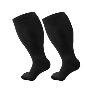 Black calf compression socks detail view, elastic ribbed fabric for daily athletic support.