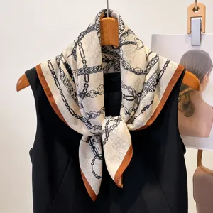 Women silk feel square scarf retro chain print neckerchief elegant small scarf for spring